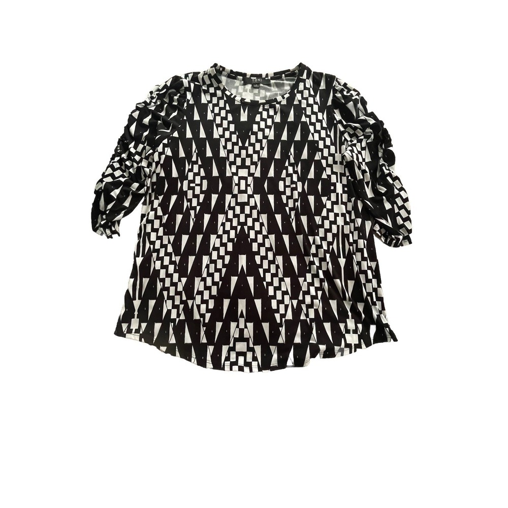Toni Morgan Women's Black & White Ruched Sleeve Blouse Top‎ Size L Poly-spandex